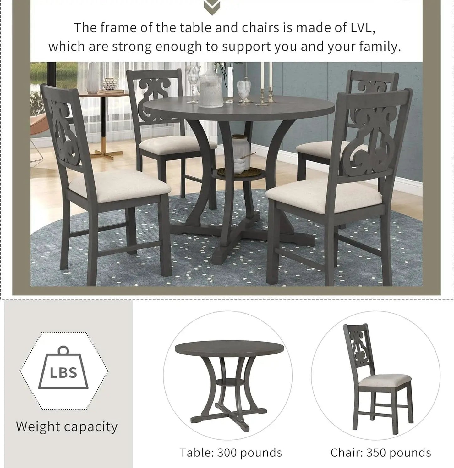 Gray Round Shaped Retro Antiqued Dining Table Curved Legs from PriceLows™