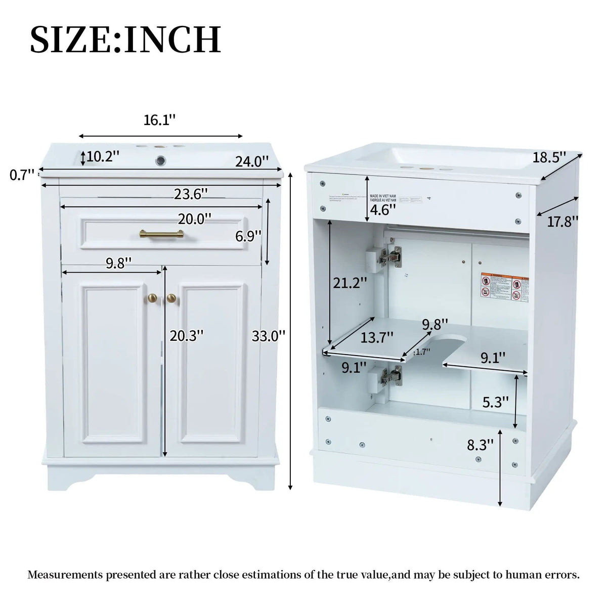 Bathroom Vanity With Integrated Sink, 2 Door Cabinet With Tip Out Drawer | 3 Pieces | Solid Wood & Iron | Bathroom