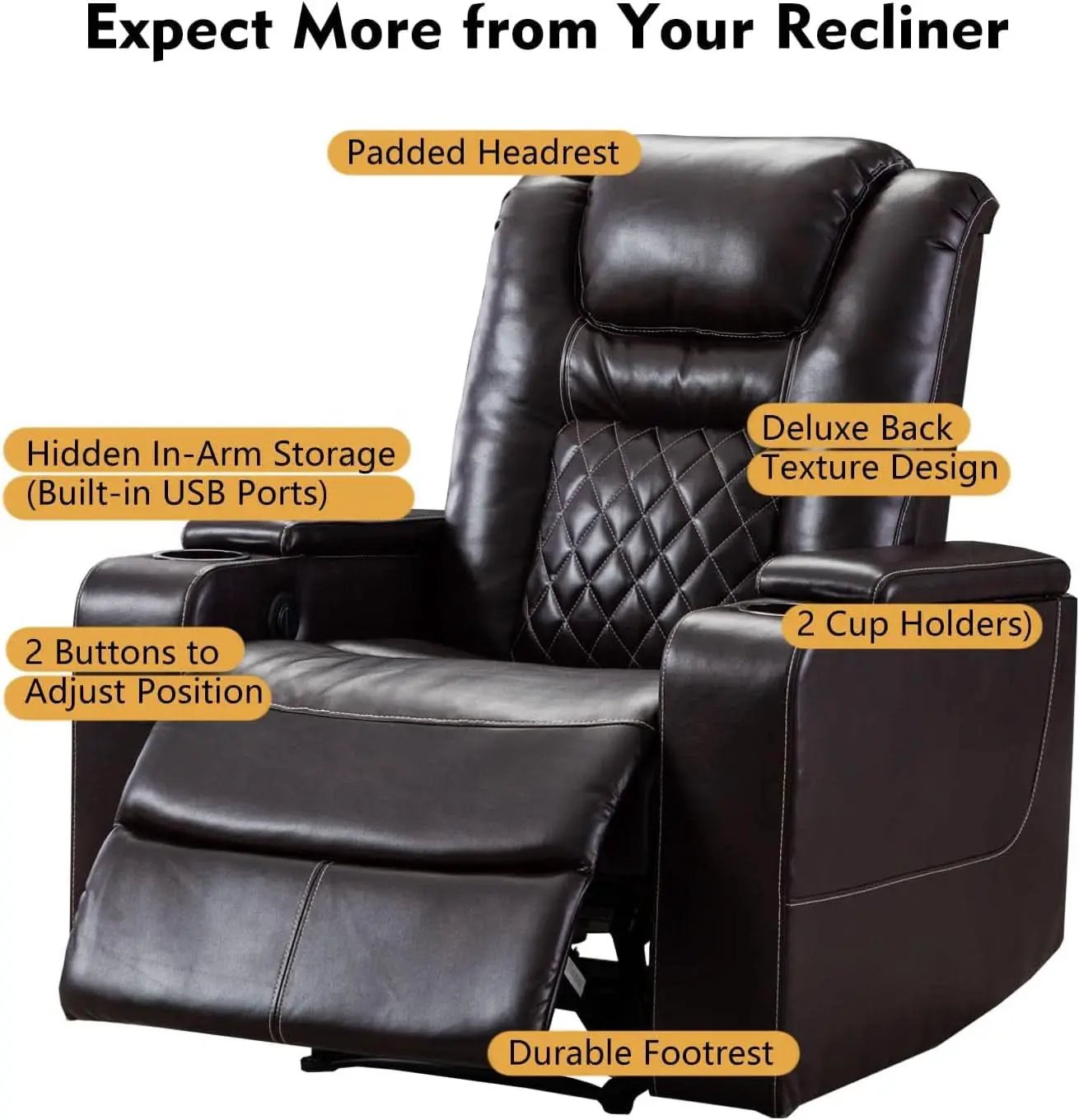 Power Recliner Chair With USB Ports And Cup Holders Brown from PriceLows™