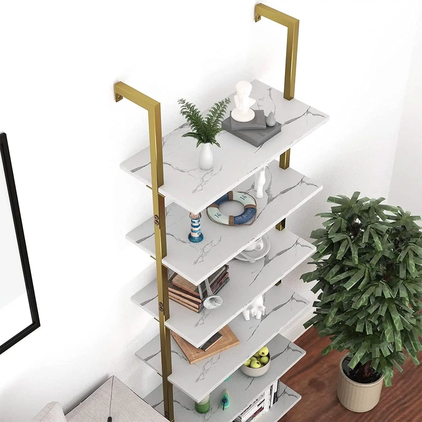 Marble White 6 Tier Ladder Shelf Bookcase Wall Mounted from PriceLows™