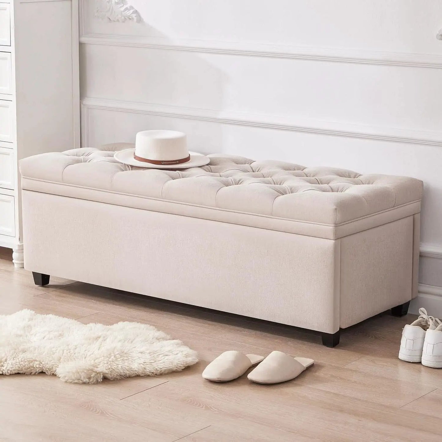 50 Inch Beige Tufted Storage Ottoman Bench Upholstered from PriceLows™