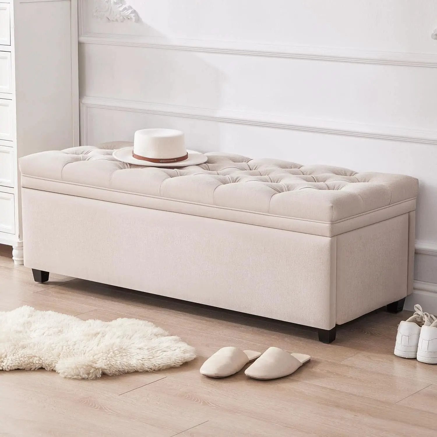 50 Inch Beige Tufted Storage Ottoman Bench Upholstered from PriceLows™