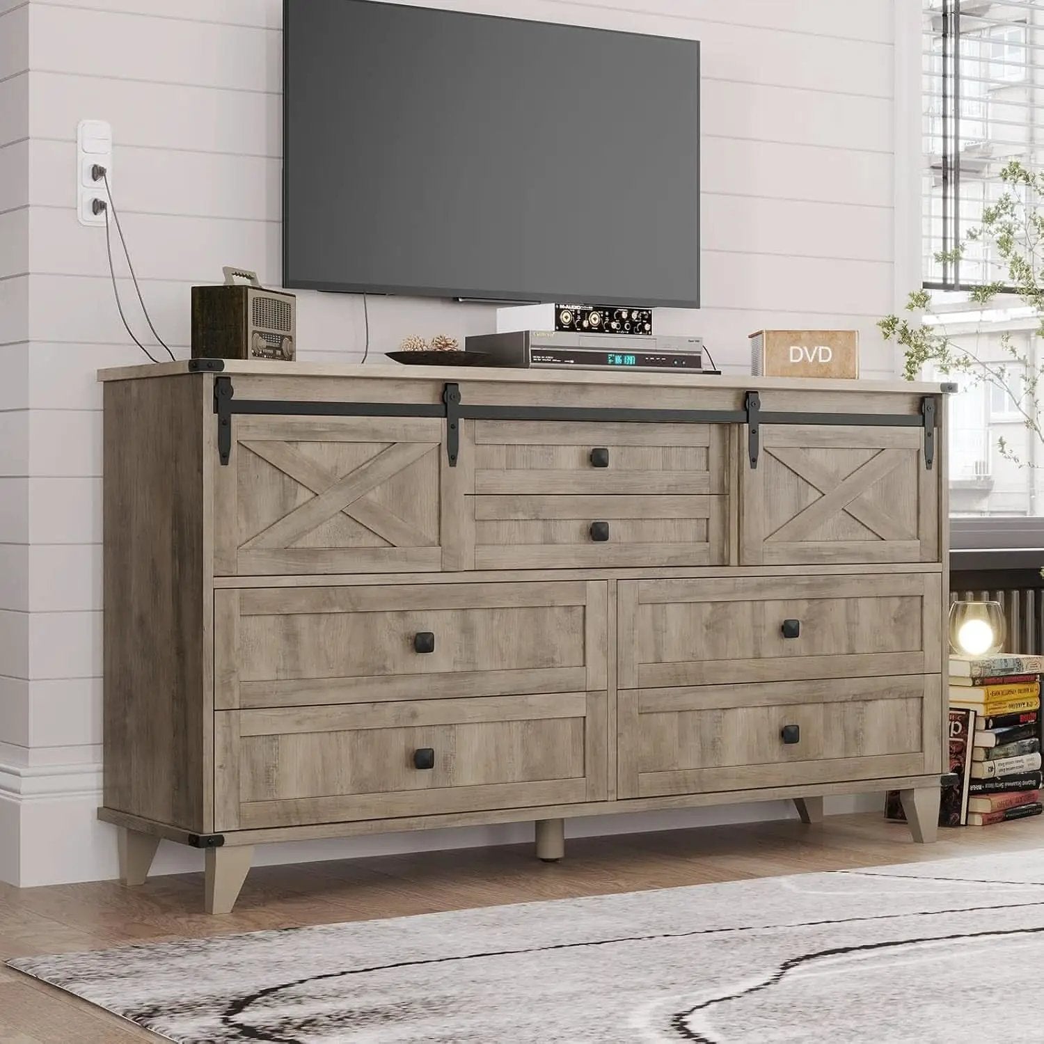Six Drawer Dresser Rustic Oakwood Sliding BarnDoor from PriceLows™