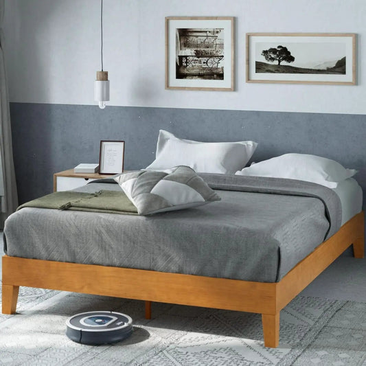 Platform Bed Frame | Solid Pine Wood | Queen Size With Slats | Low Profile Rustic Finish