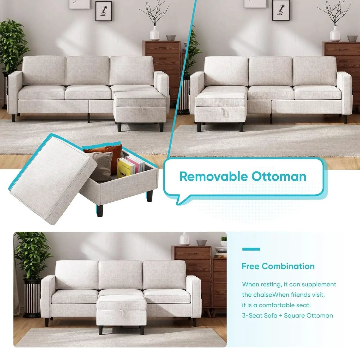 Beige 6 Seater Sectional Sofa With Movable Ottoman from PriceLows™