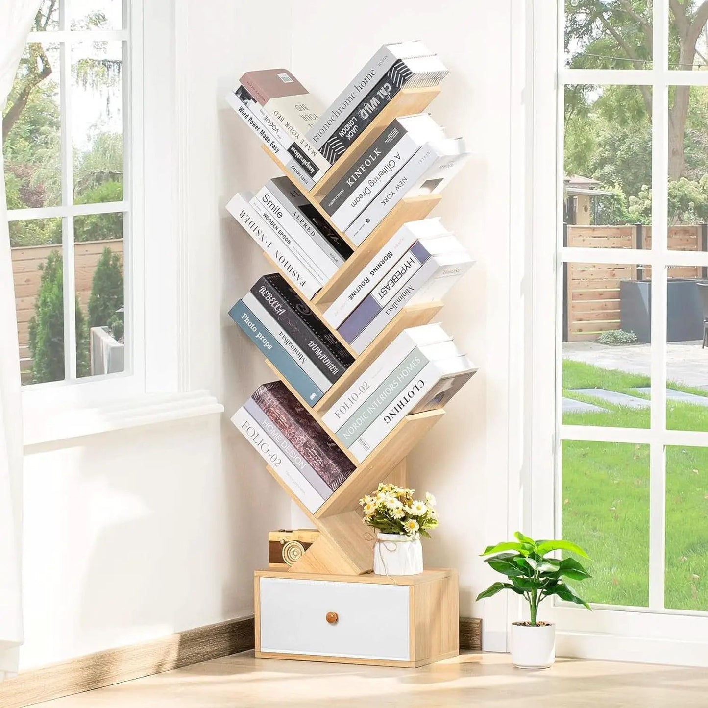 8 Tier Tree Bookshelf With Drawer Natural Wood Bookcase from PriceLows™