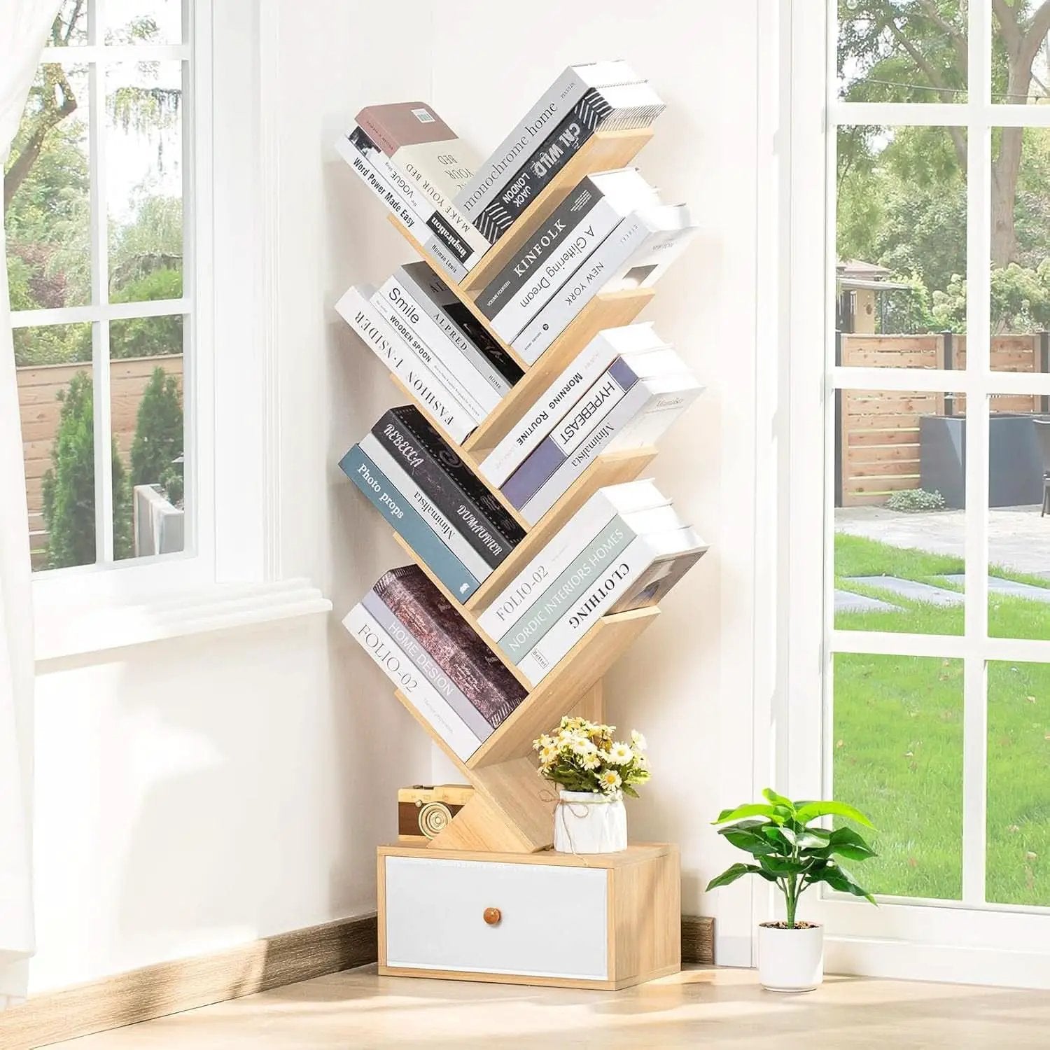 8 Tier Tree Bookshelf With Drawer Natural Wood Bookcase from PriceLows™