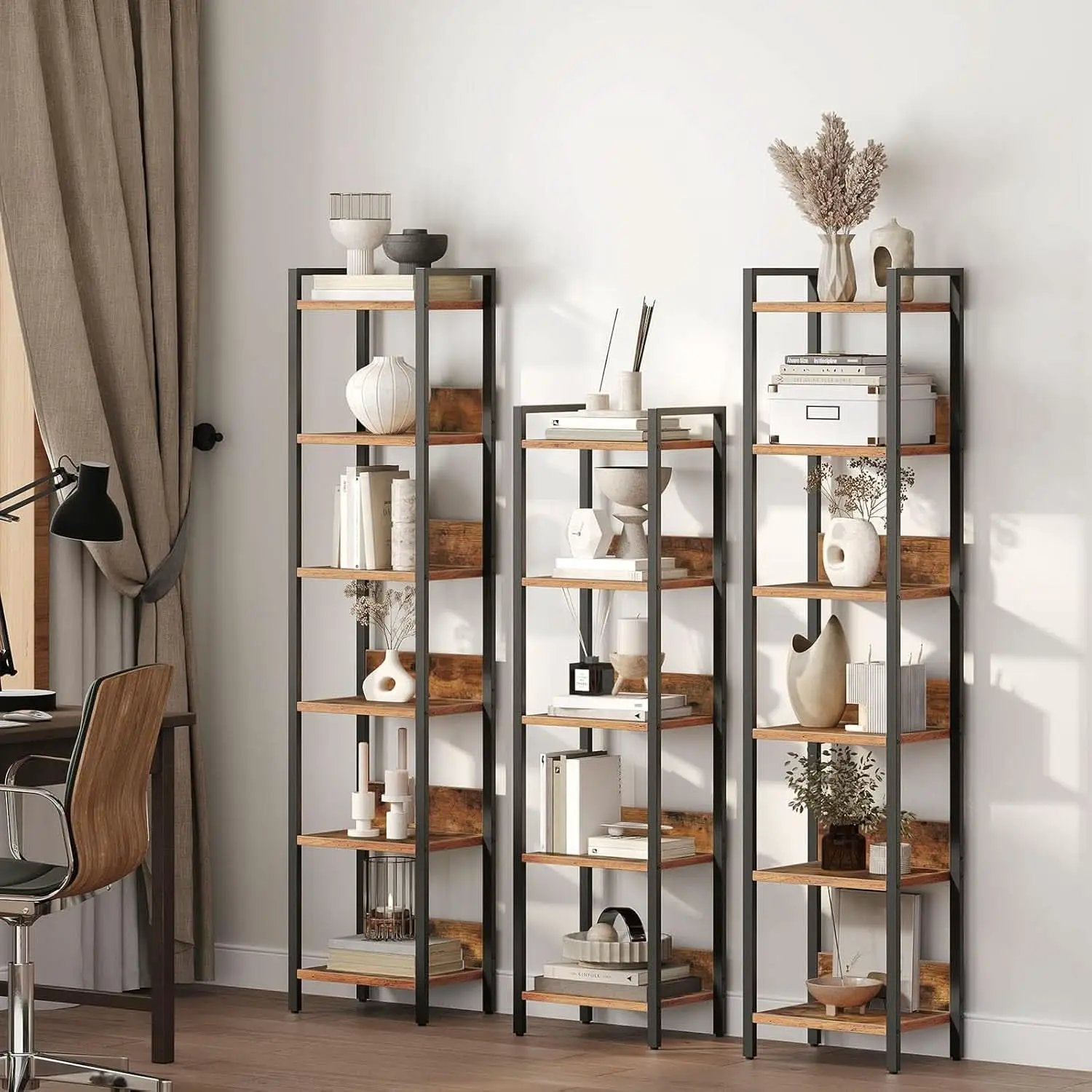 Six Tier Standing Bookcase In Rustic Brown And Black For Small Spaces from PriceLows™