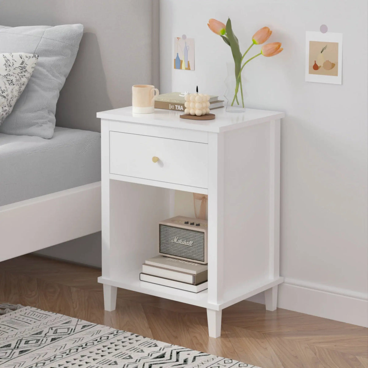 Nightstand | 1 Drawer 1 Shelf | White MDF | Tip Resistant