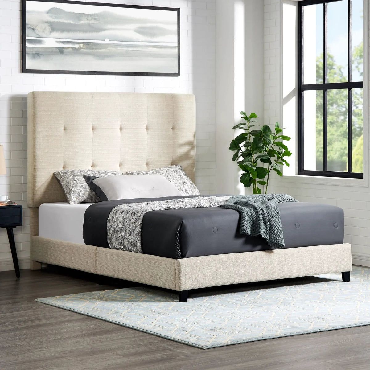 Tufted Upholstered Headboard Platform Bed | Laminated Veneer Lumber | CertiPUR-US Foam | 60 Inch Height