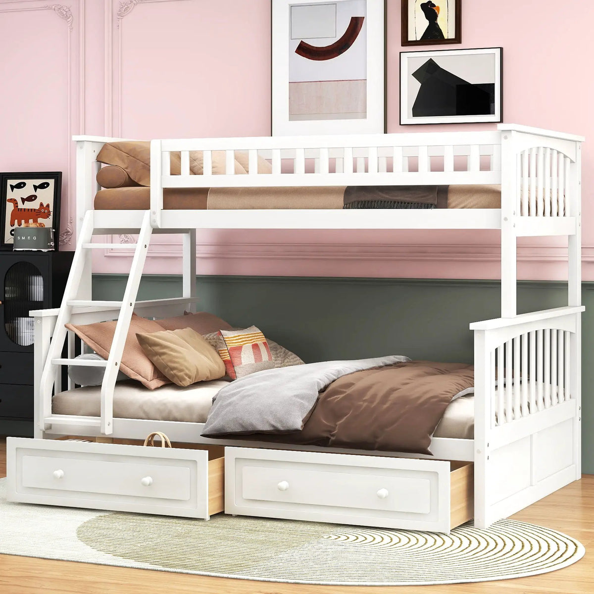 Bunk Bed With Drawers | Convertible Storage Design | Solid Pine Wood | Fence-Shaped Guardrail
