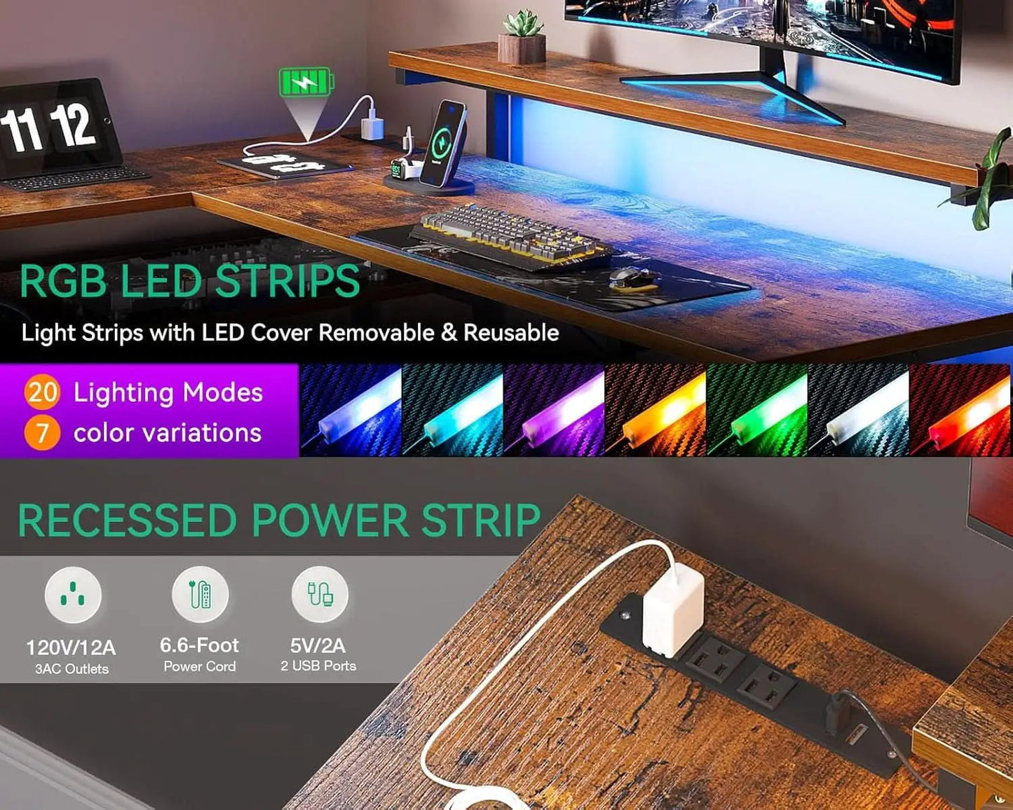 61 Inch L Shaped Desk With Power Outlets And LED Lights from PriceLows™