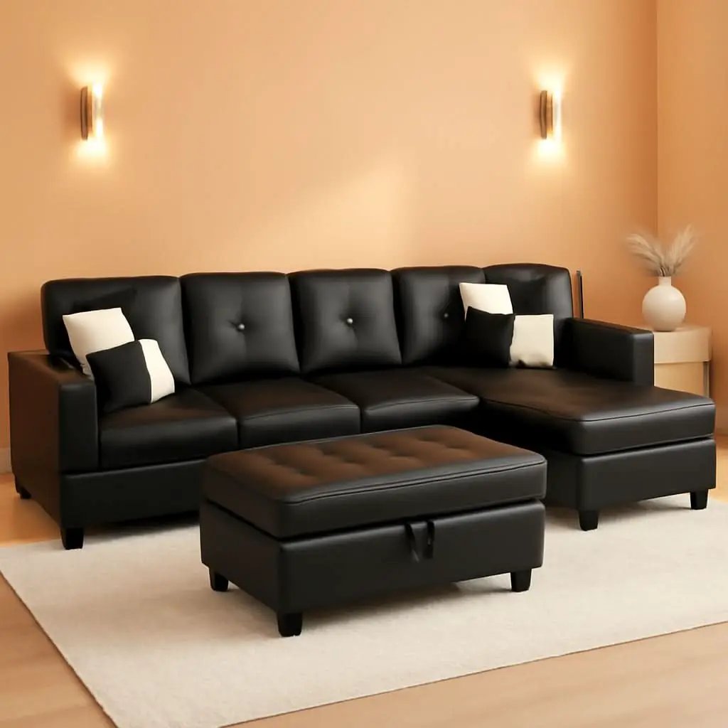 Black Faux Leather Sectional Sofa Set With Ottoman from PriceLows™