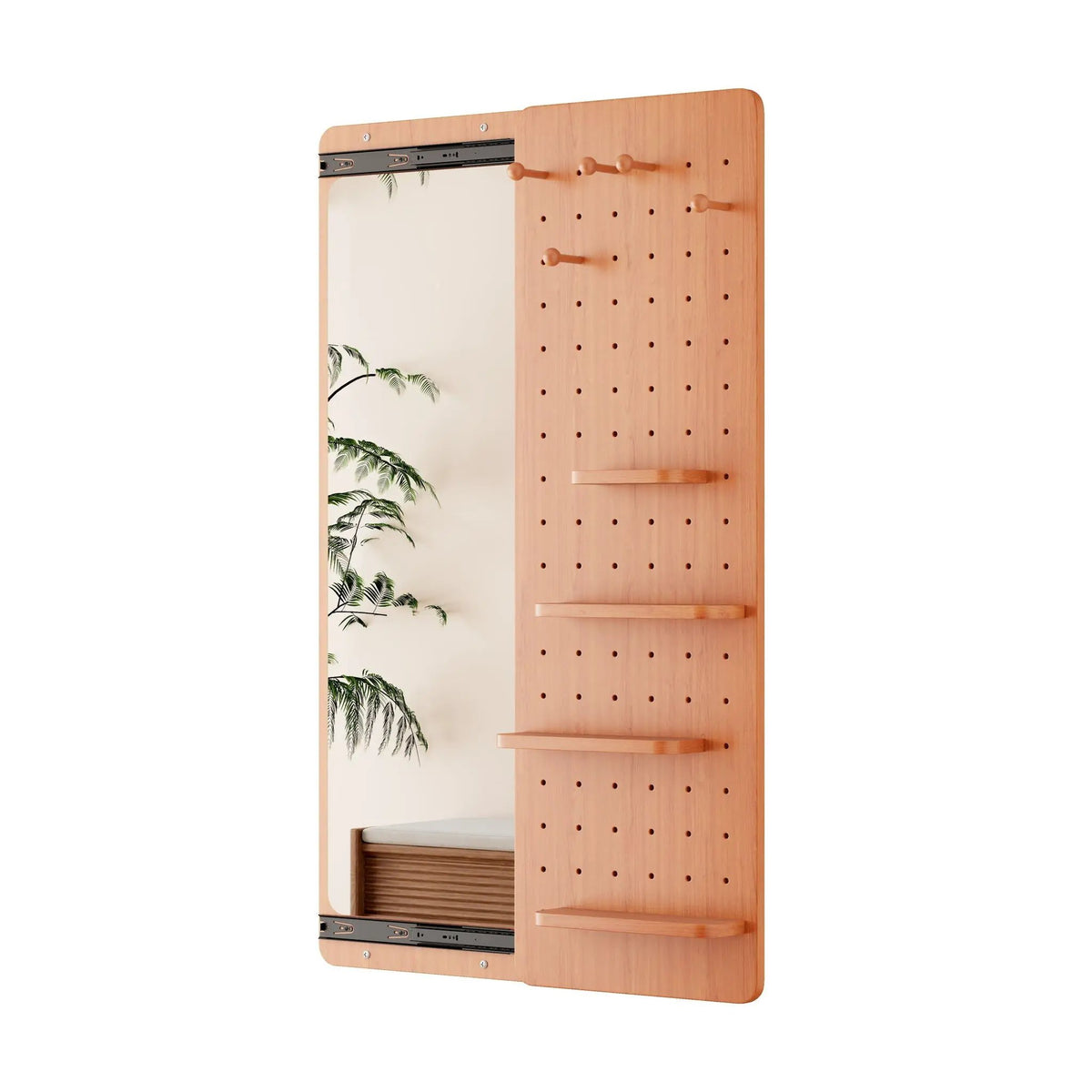 Wall Mounted Full Length Mirror | Shelf And Hook | Solid Rubber Wood | Push-Pull Removable Panel