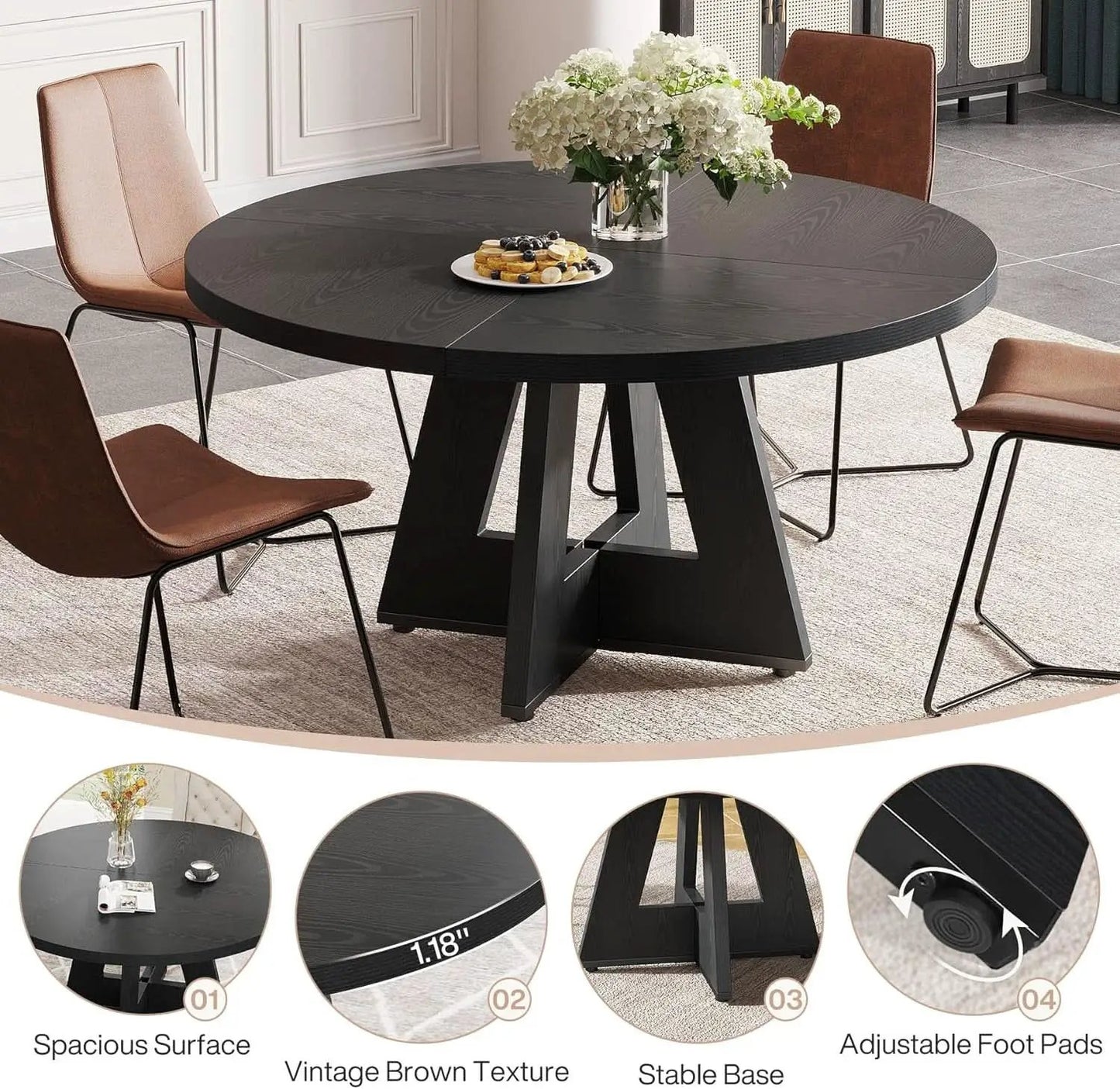 Farmhouse Round Dining Table 47 Inch Black For Four from PriceLows™