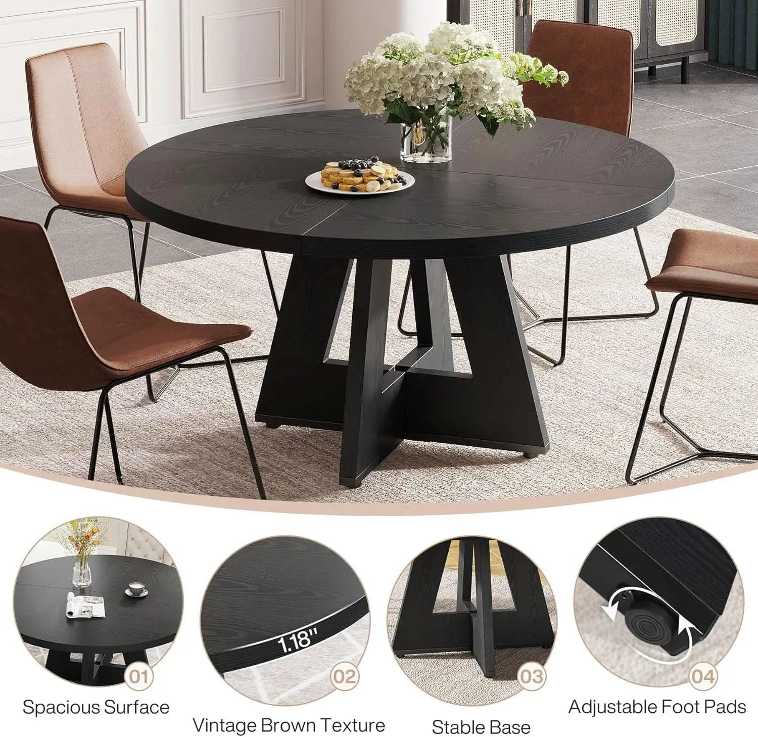 Farmhouse Round Dining Table 47 Inch Black For Four from PriceLows™
