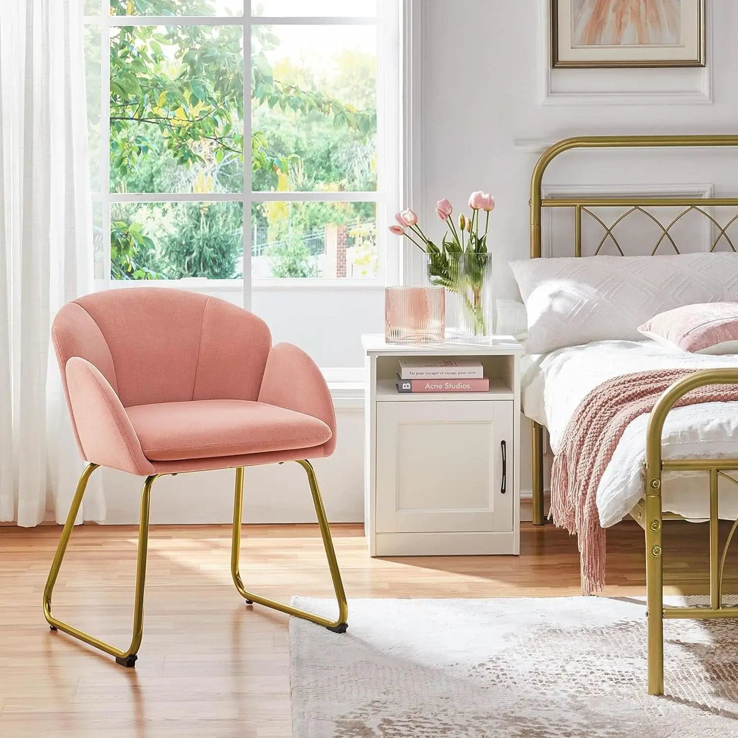 Pink Velvet Flower Armchair With Gold Legs Living Room from PriceLows™