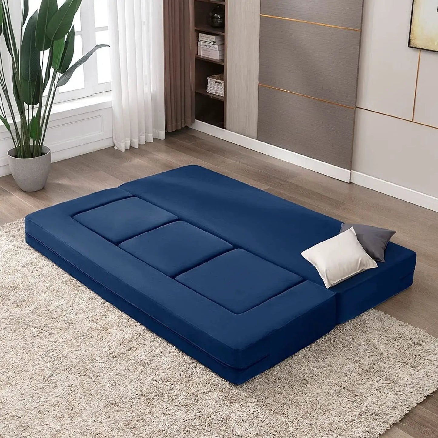 Blue Velvet Futon Sofa Bed With Ottomans For Small Spaces from PriceLows™