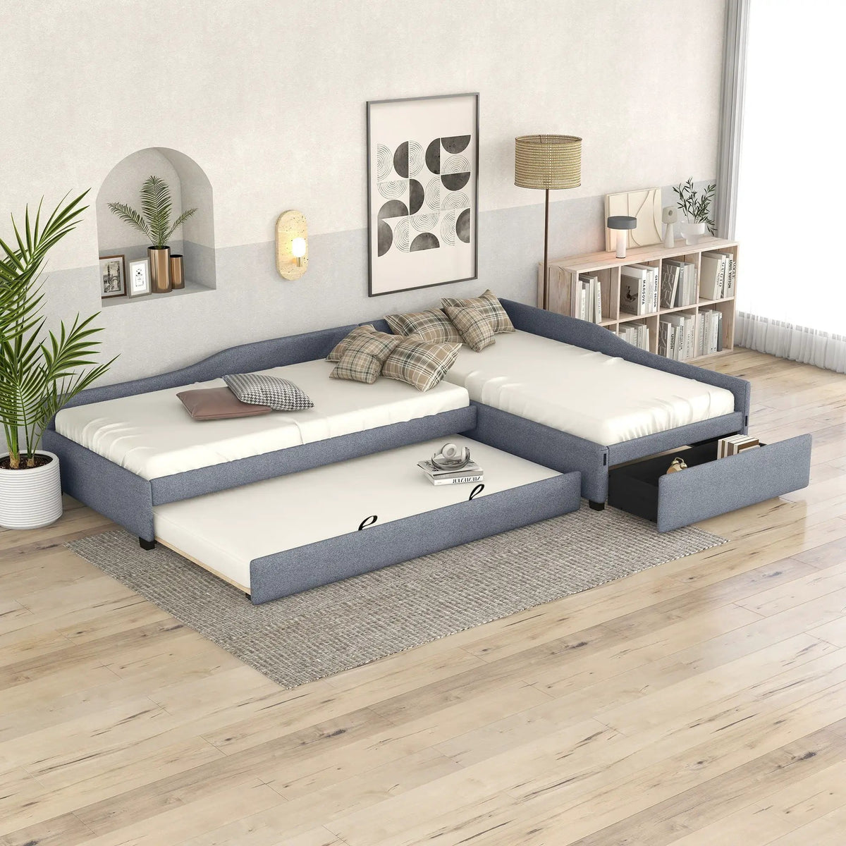 Upholstered Double Daybed | Trundle And Drawer | Two Twin Beds | 120 Inch Length
