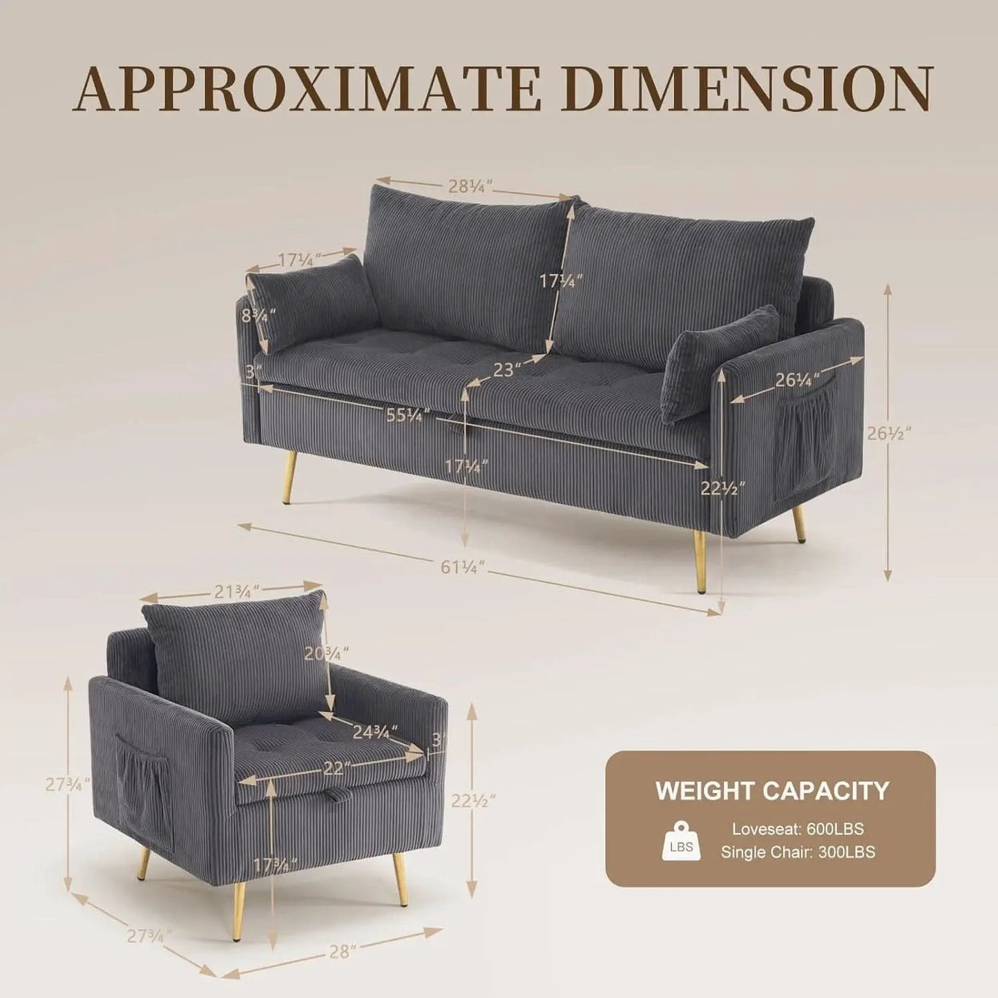 3 Piece Storage Sofa Set With Corduroy Gray Loveseat from PriceLows™