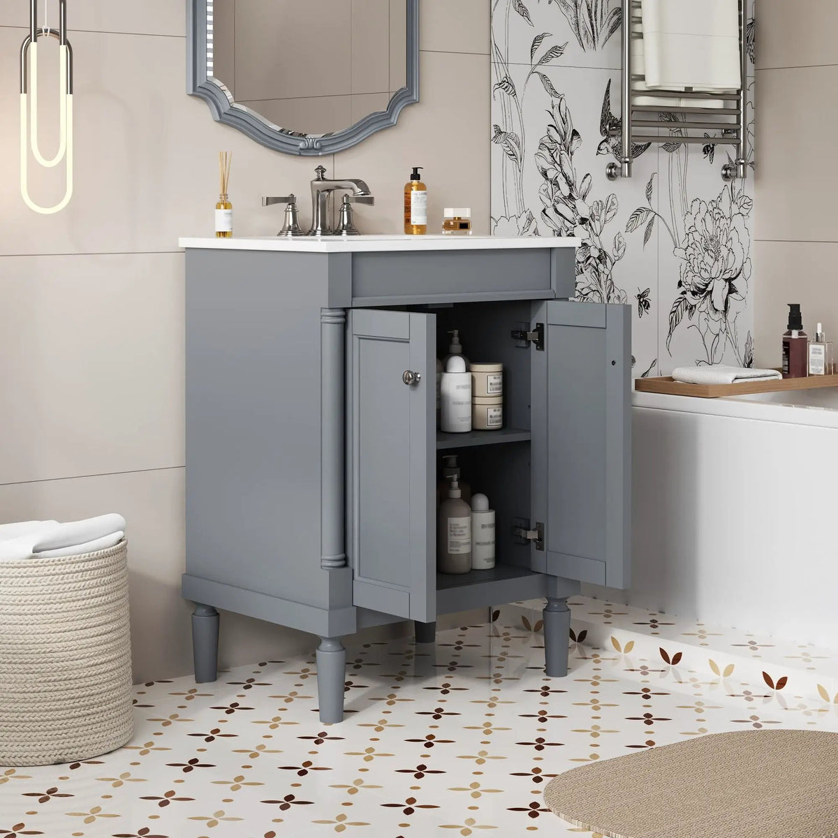 24 Inch Bathroom Vanity With Top Sink | 2 Tier Storage Cabinet | Retro Metal Handles | Soft-Closing Hinges