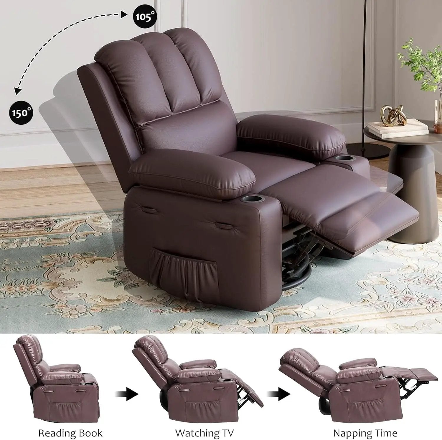 Leather Recliner Chair Brown Medium With Cup Holders And 150 Degree Recline from PriceLows™