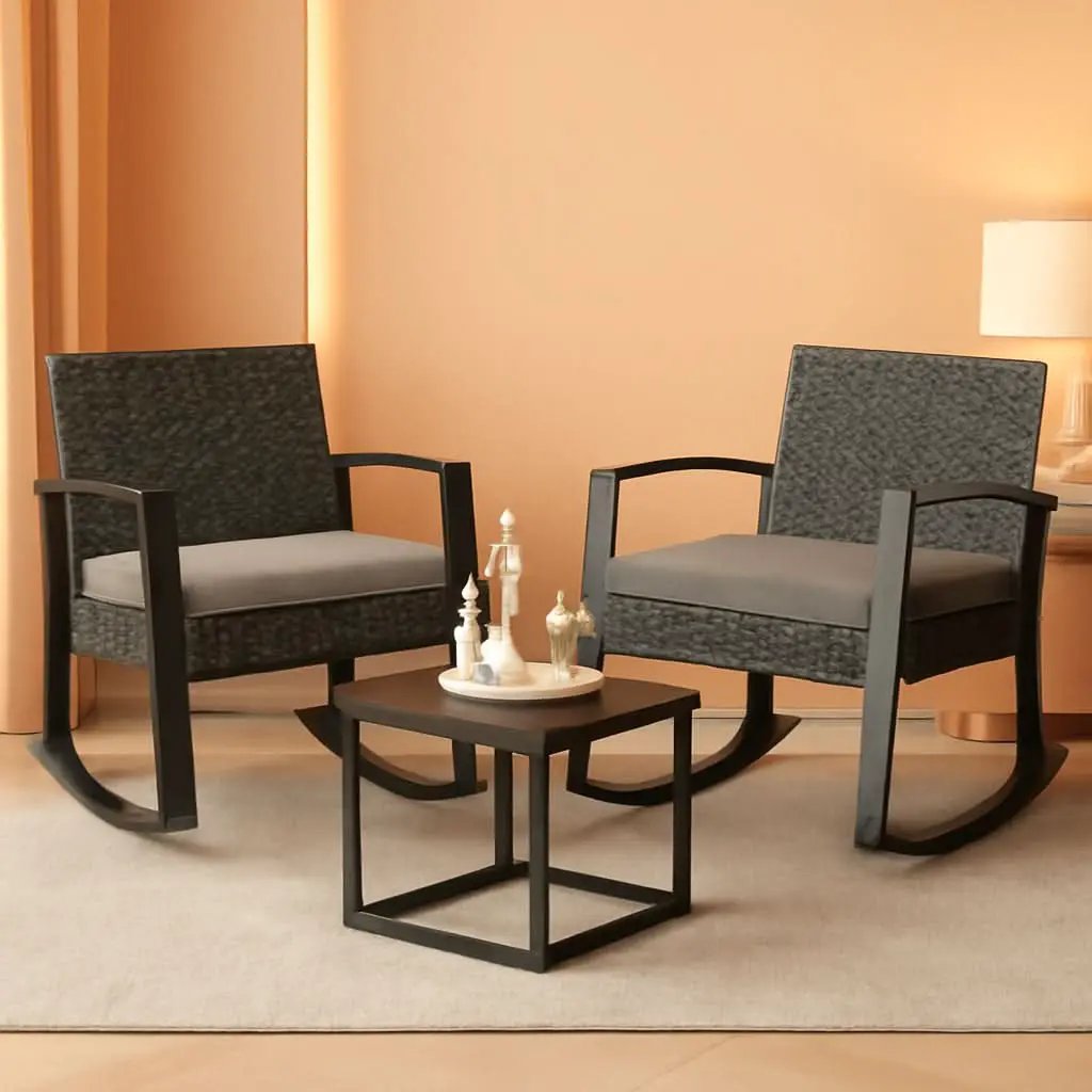3 Piece Rattan Rocking Bistro Set With Coffee Table Outdoor Patio Furniture Grey Cushions from PriceLows™