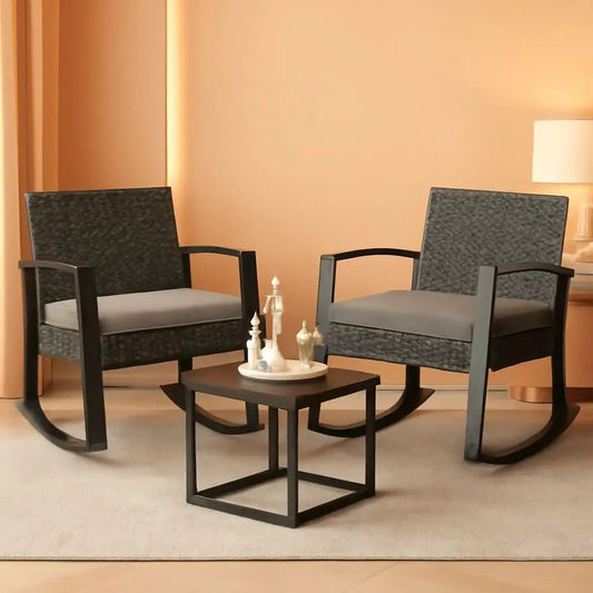 3 Piece Rattan Rocking Bistro Set With Coffee Table Outdoor Patio Furniture Grey Cushions from PriceLows™