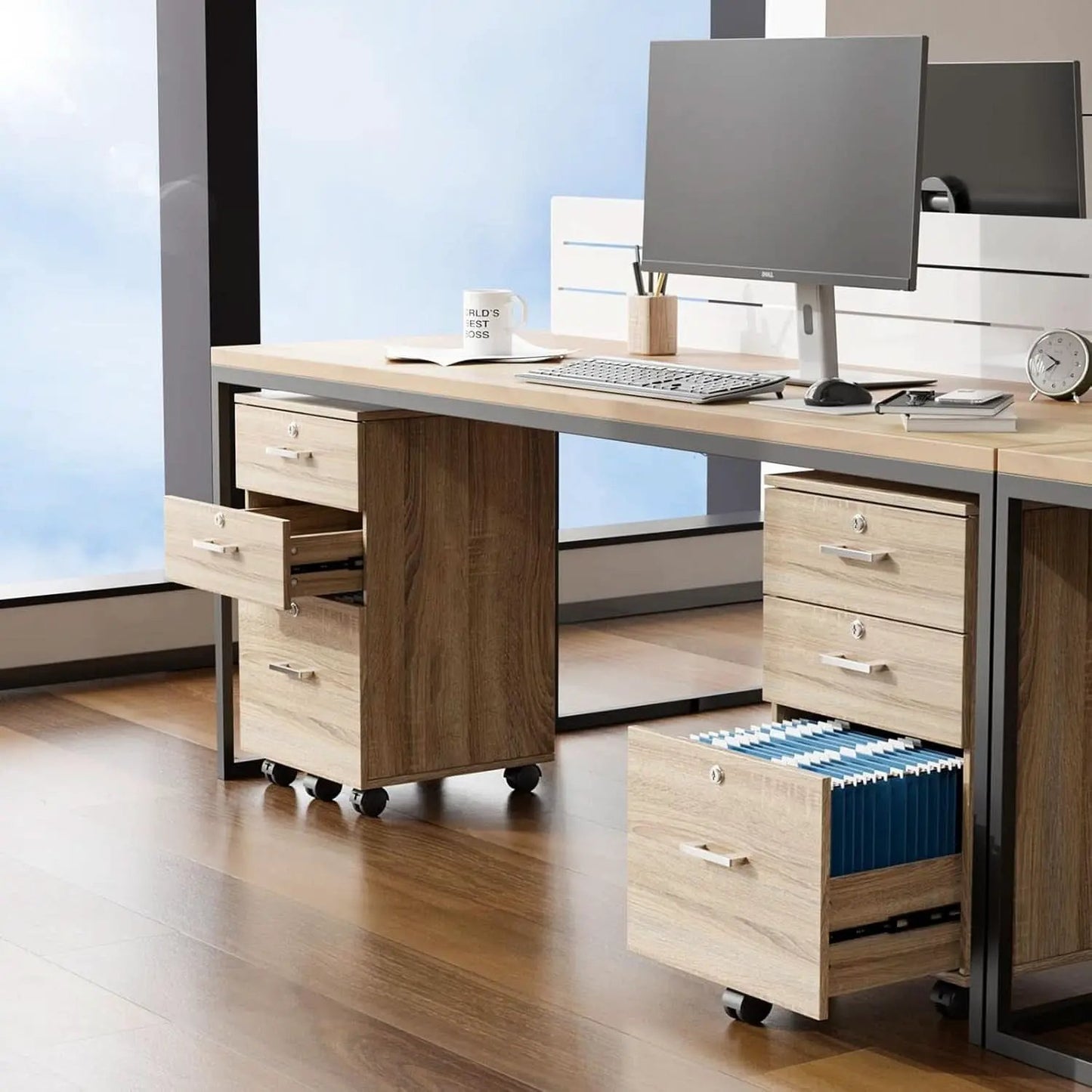 Oak 3 Drawer File Cabinet With Lock Rolling Printer Stand from PriceLows™