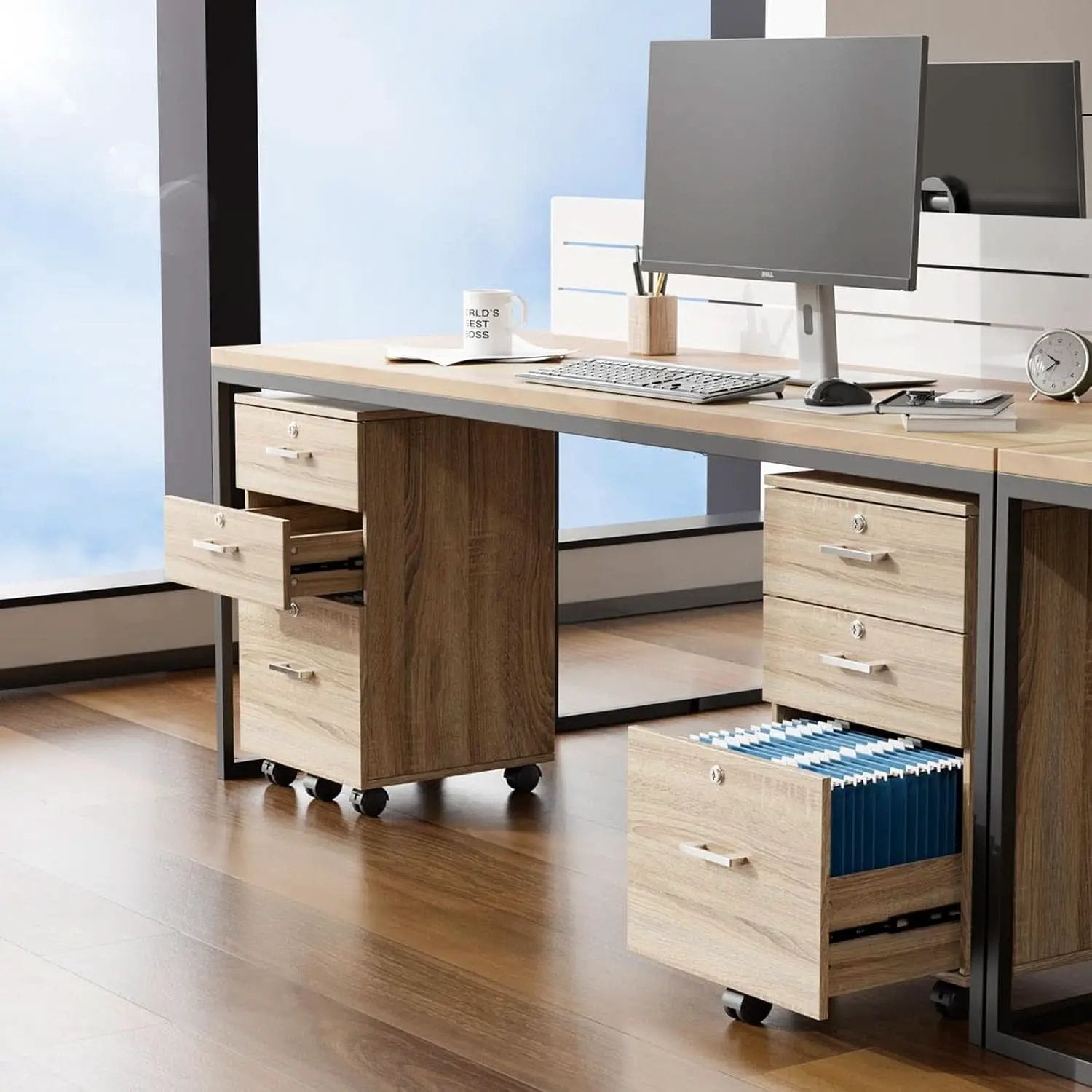 Oak 3 Drawer File Cabinet With Lock Rolling Printer Stand from PriceLows™