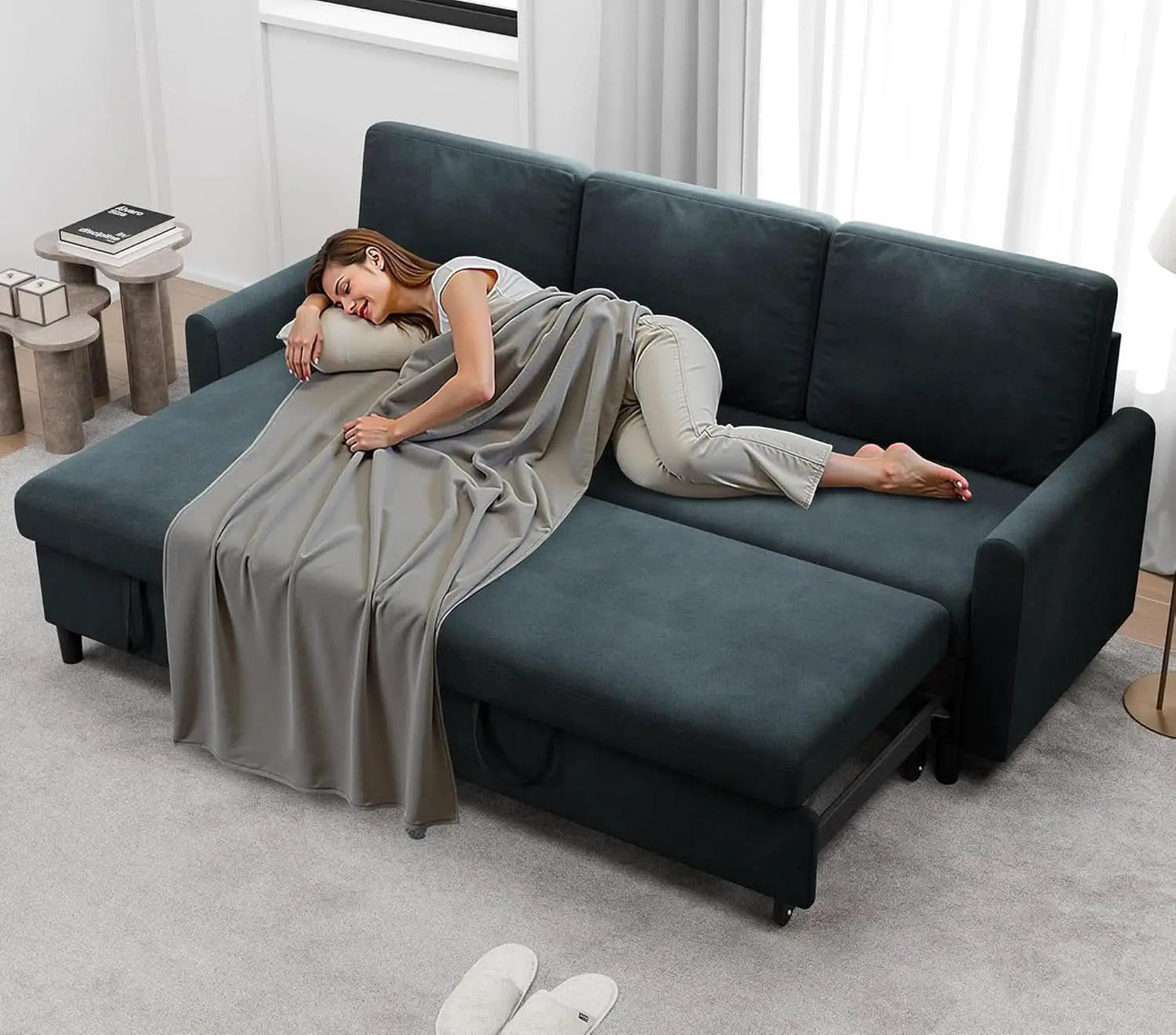 Dark Gray Convertible Sectional Sofa Bed Storage Drawer from PriceLows™