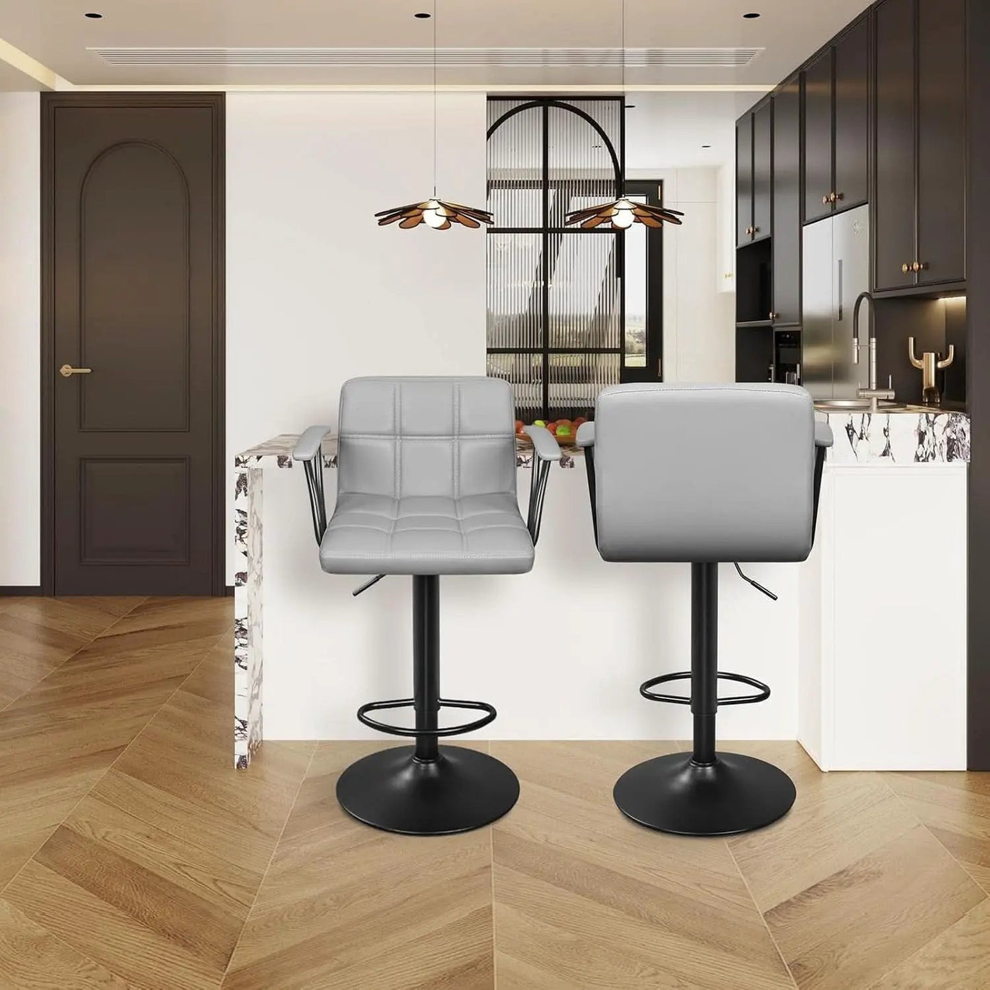 Bar Stools 2 Adjustable Swivel With Back Grey PU Leather from PriceLows™