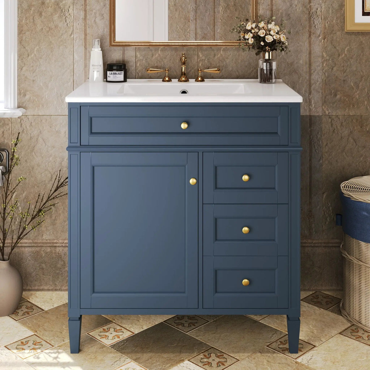 30 Inch Bathroom Vanity With Top Sink | 2 Drawers | Tip-Out Drawer | Vintage-Inspired Handles
