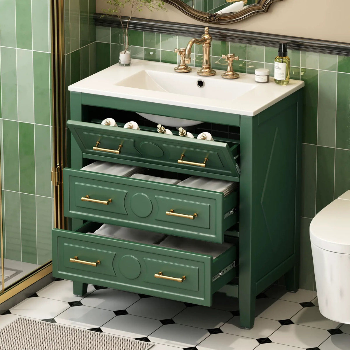 30 Inch Retro Bathroom Vanity | Free Standing Single Set | 3 Drawers | Solid Wood Frame