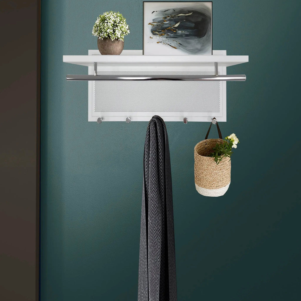 Wall Mounted Coat Rack | 5 Metal Hooks | Storage Shelf And Hanging Bar