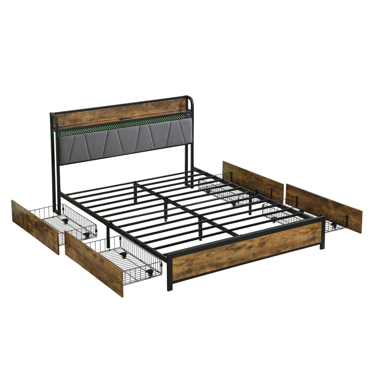 Modern Storage Bed Frame | LED Lights With Remote | Upholstered Headboard | USB Charging Station