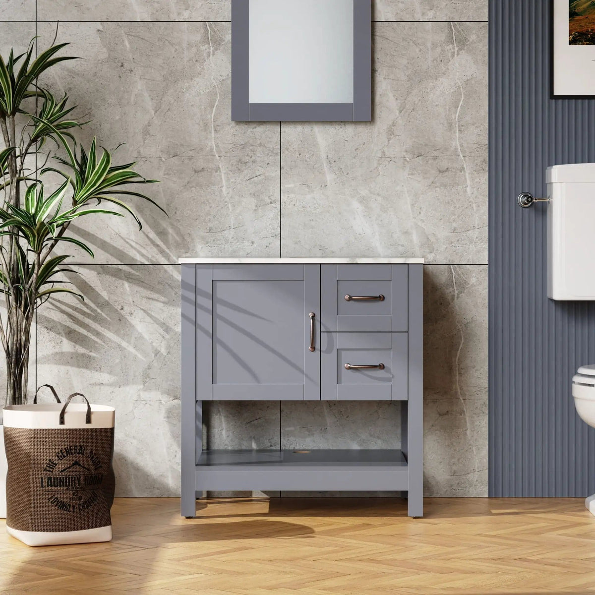 Bathroom Vanity With Mirror And Top Only - | 30 x 18.5 x 31.5 in | Marble & Stainless Steel | Gray