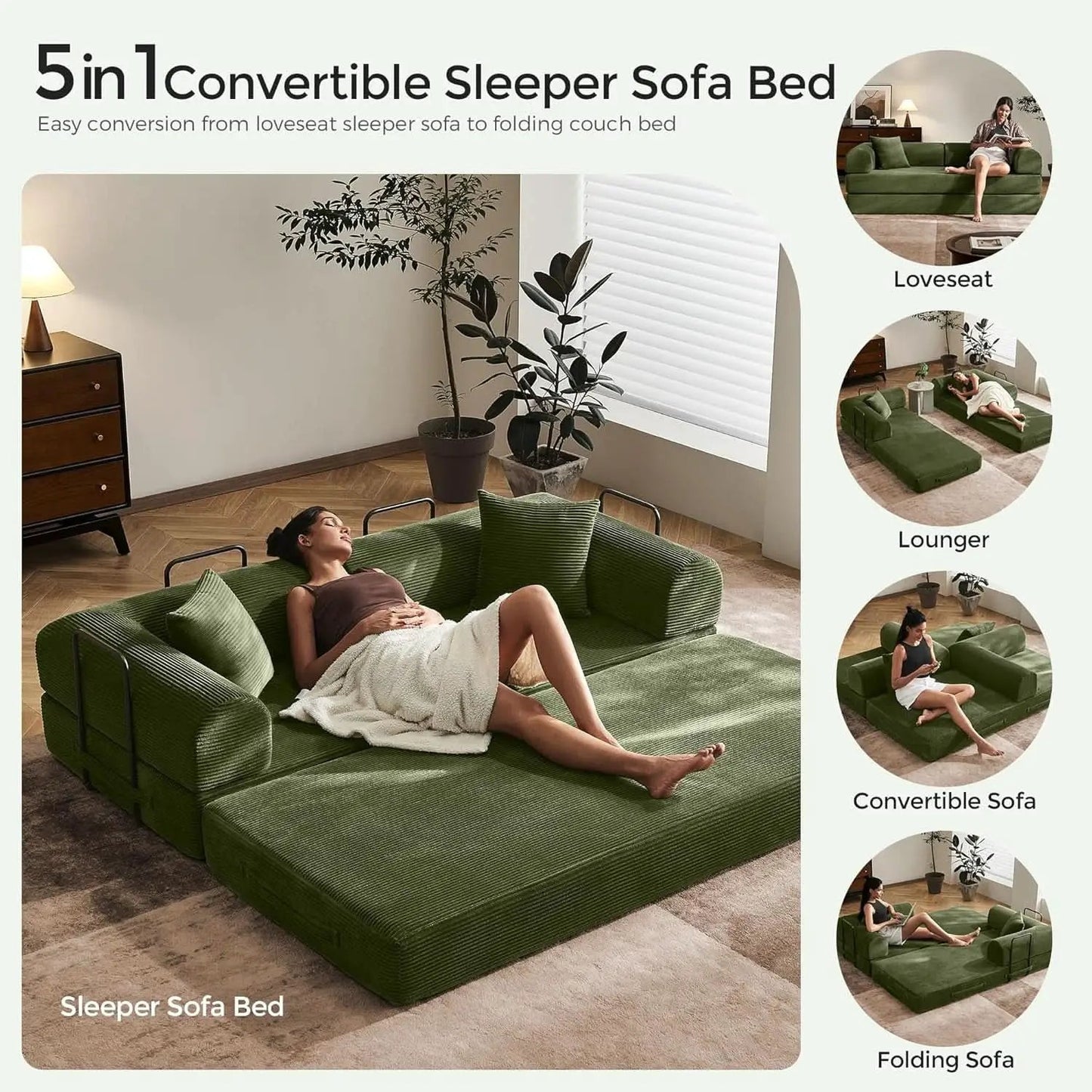 Green Convertible Sofa Bed With Removable Armrests from PriceLows™
