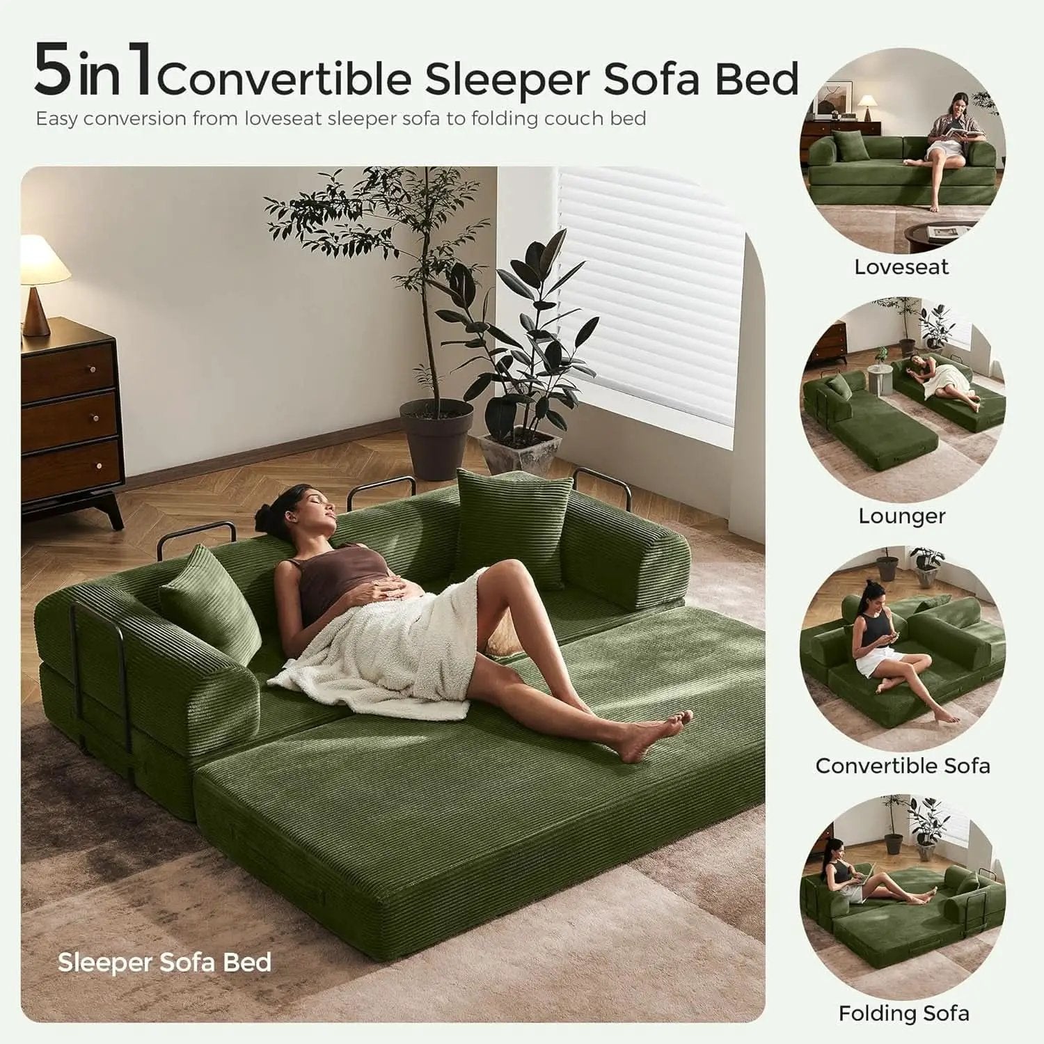 Green Convertible Sofa Bed With Removable Armrests from PriceLows™