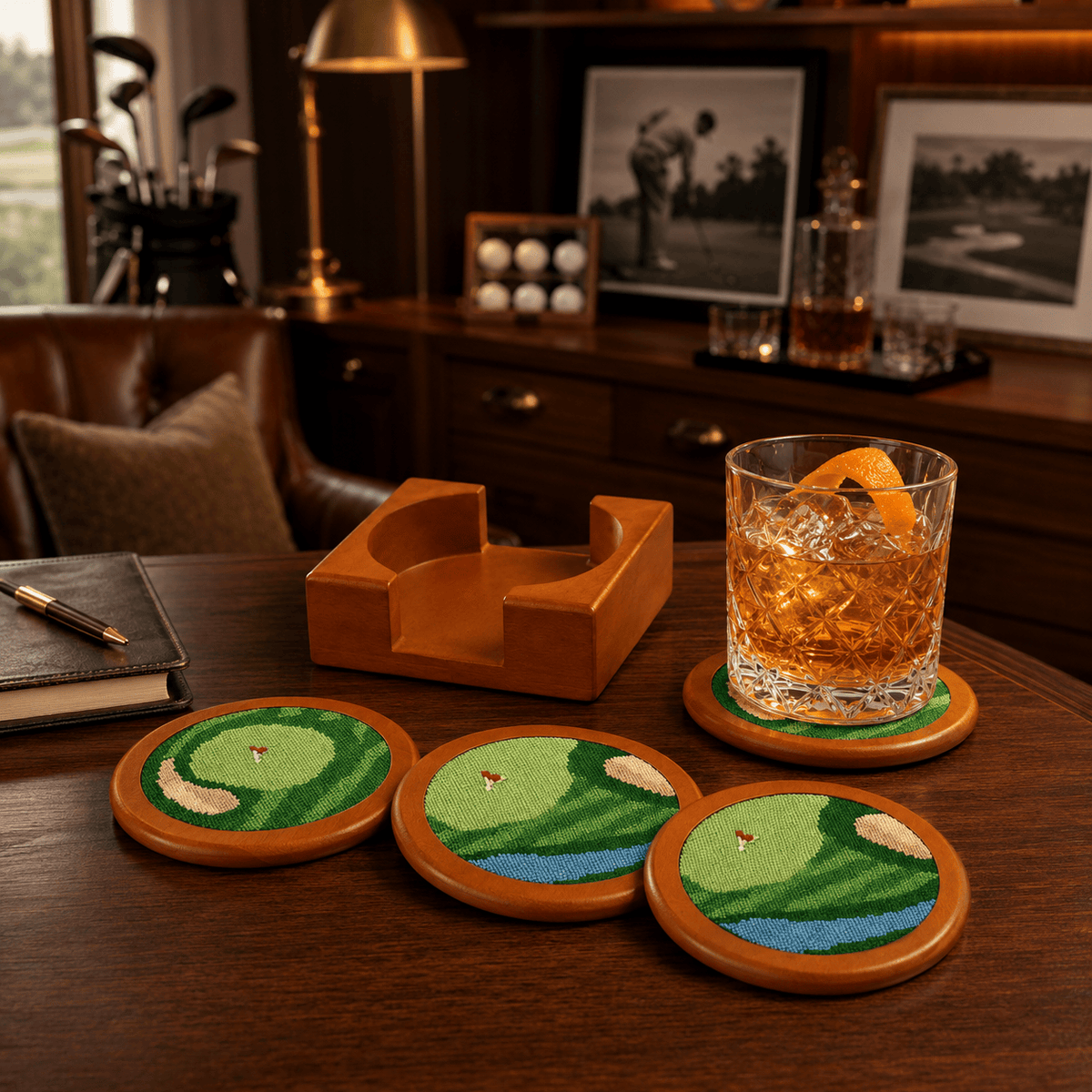 Golf Coasters, Durable Wooden Drink Coasters with Holder | Home Decor | Gift Ready