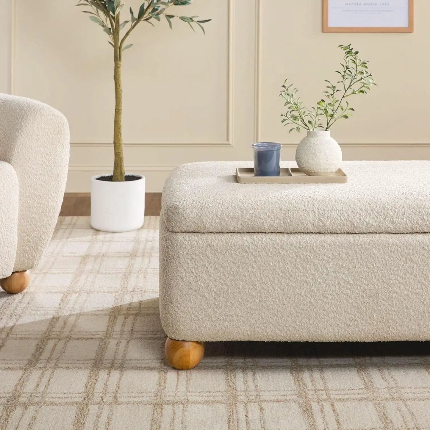 Contemporary Large Ivory Storage Ottoman With Legs from PriceLows™