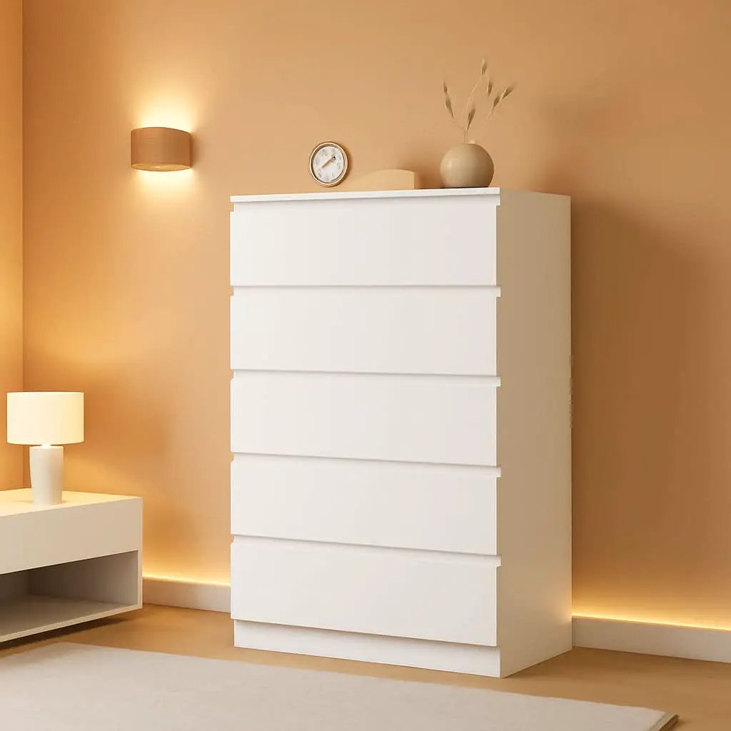 White Contemporary Solid Wood Dresser Five Drawers from PriceLows™