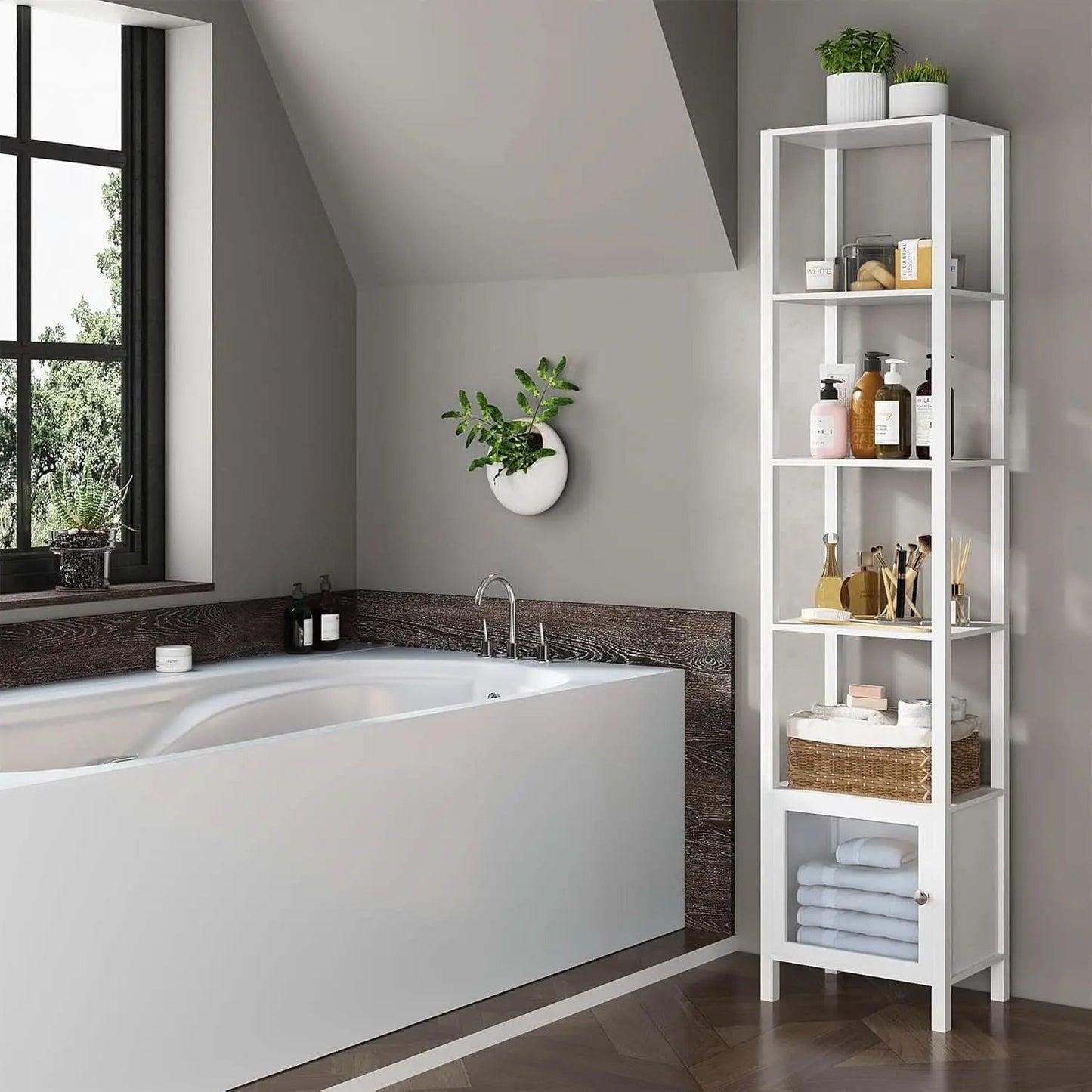 White 6-Tier Narrow Bookshelf With Door For Small Space from PriceLows™