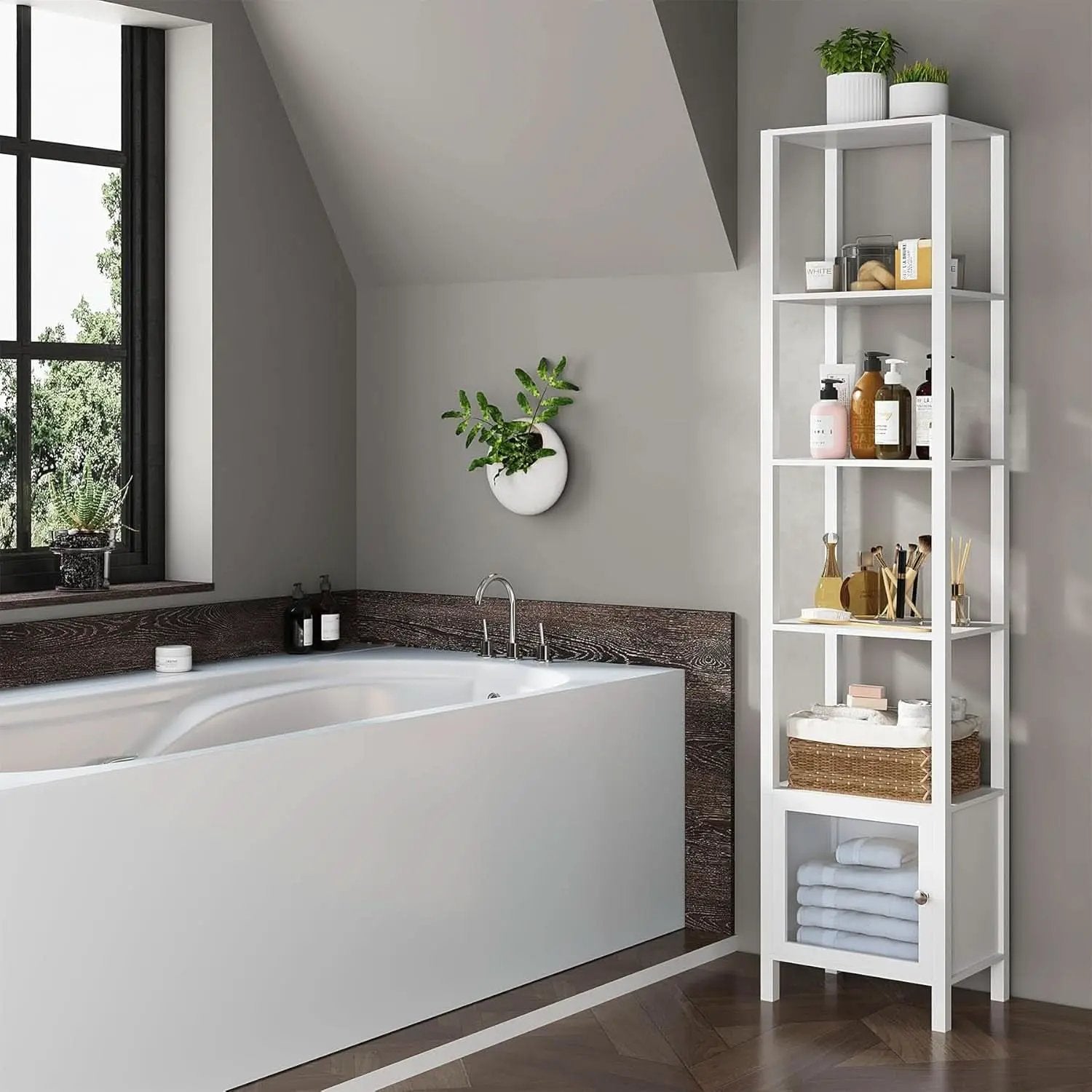 White 6-Tier Narrow Bookshelf With Door For Small Space from PriceLows™