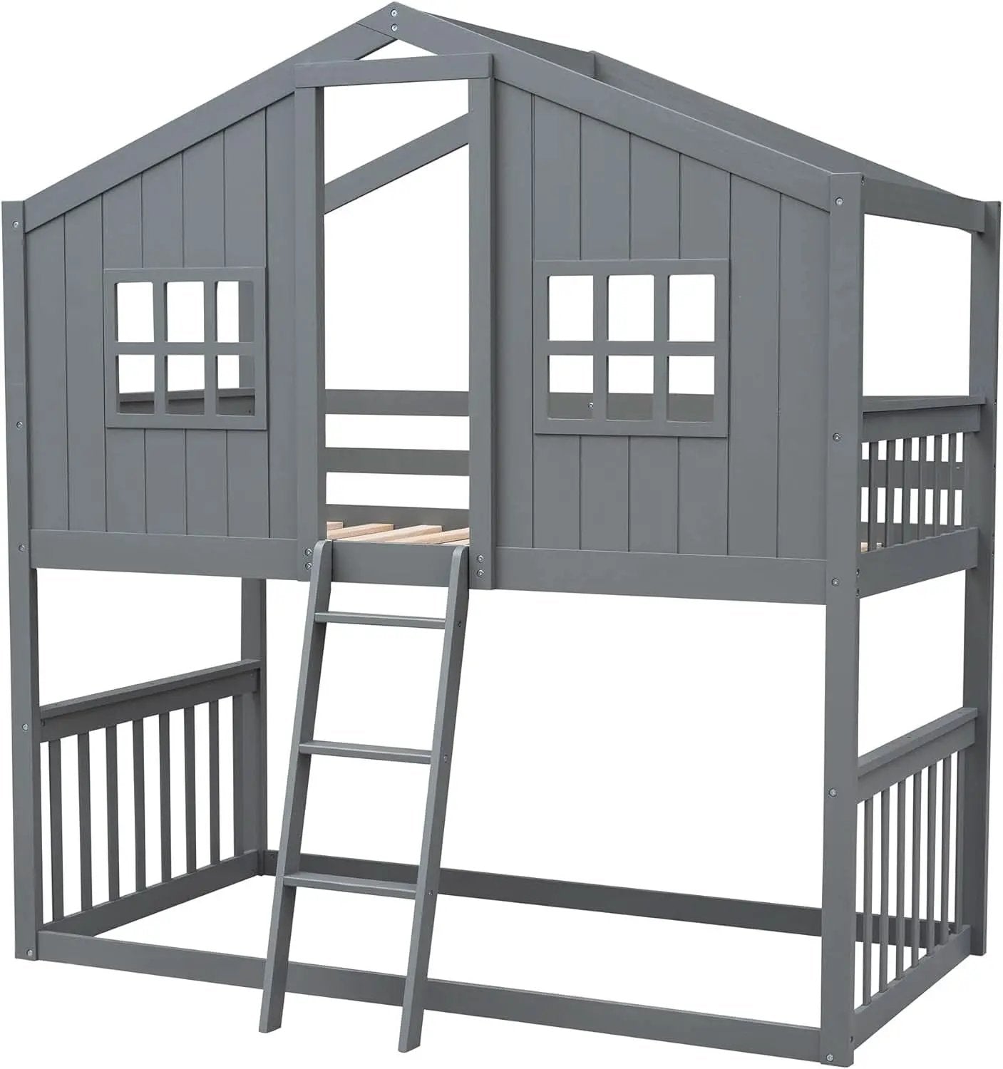 Gray Twin Over Twin House Bunk Bed With Roof For Kids from PriceLows™