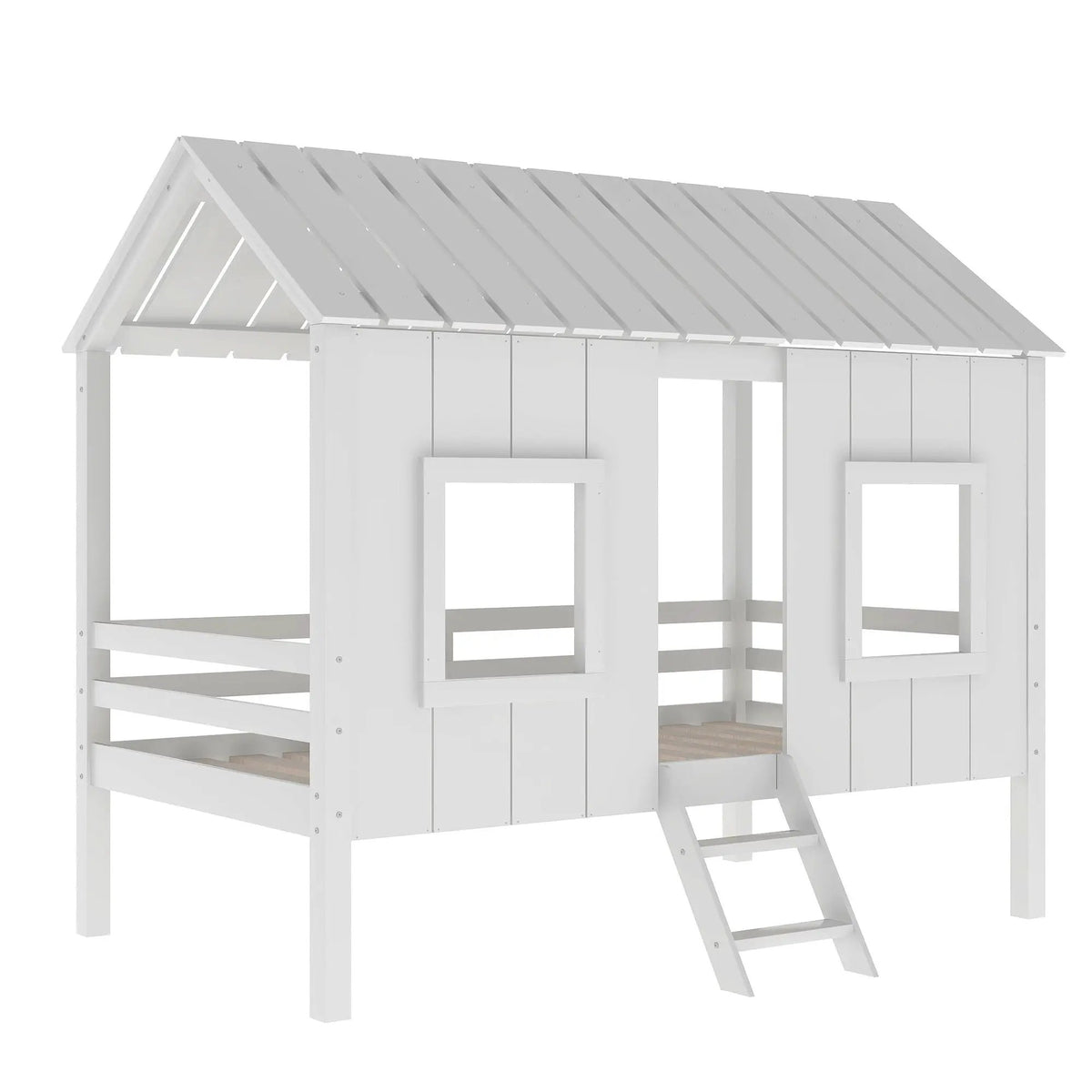 Twin Size Low Loft Bed | Pine Wood Frame | Roof With Two Windows | White