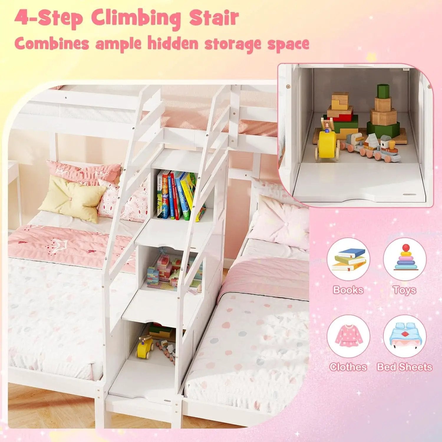White Solid Wood Triple Bunk Bed With Storage Stair from PriceLows™