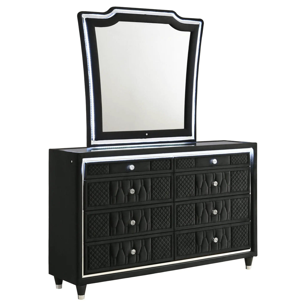 Lorient 8-drawer LED Dresser with Mirror | 60.5 x 16 x 38.25 in | Rubberwood & Velvet | Black