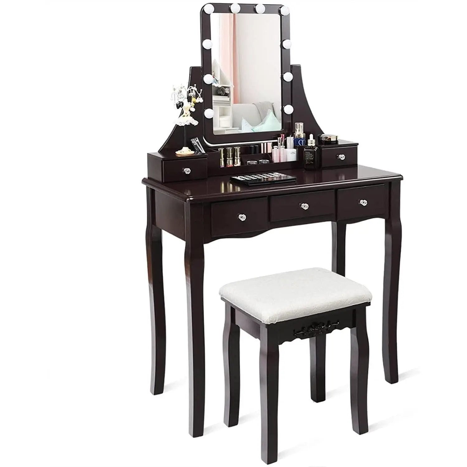 Brown Vanity Table Set With 10 LED Lights For Bedroom from PriceLows™