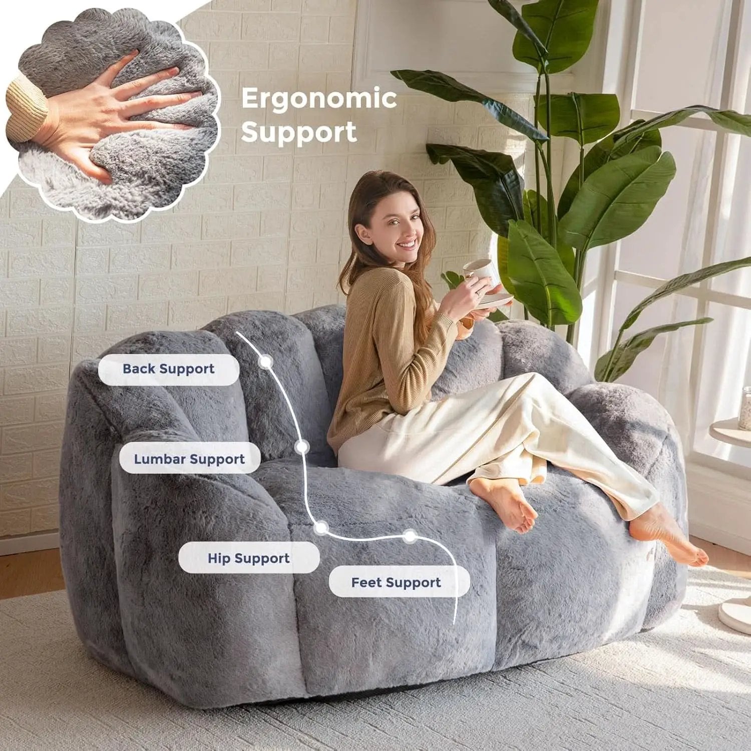Dark Grey Floral Faux Fur Bean Bag Chair For Adults from PriceLows™